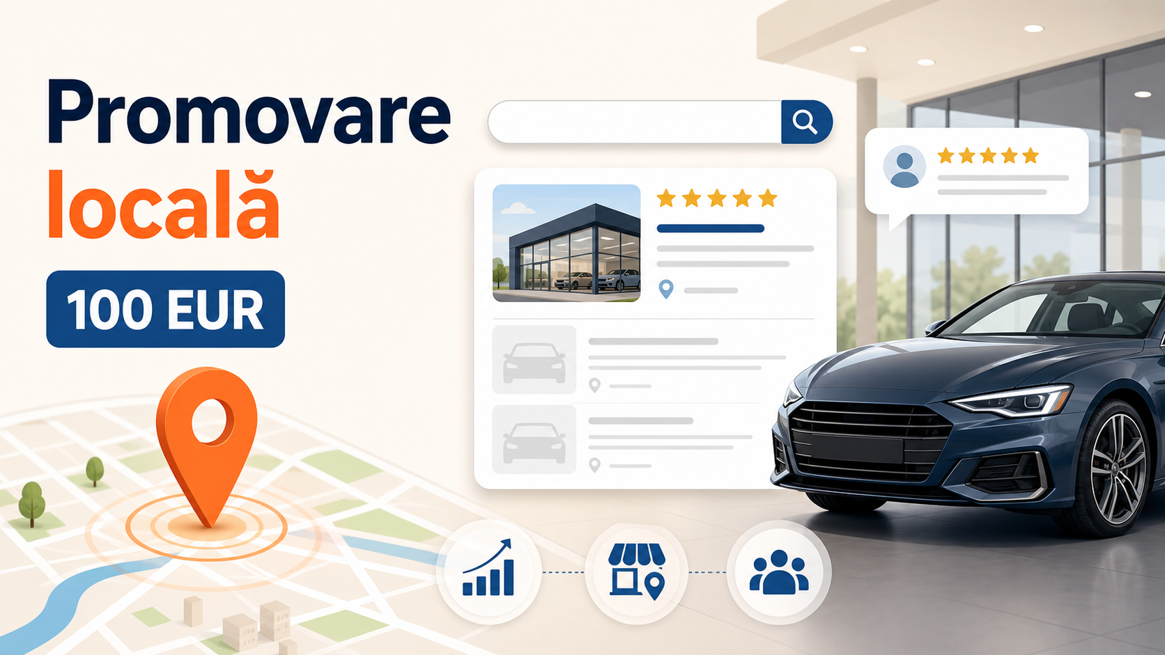 Ilustrație despre promovare locală pentru un dealer auto