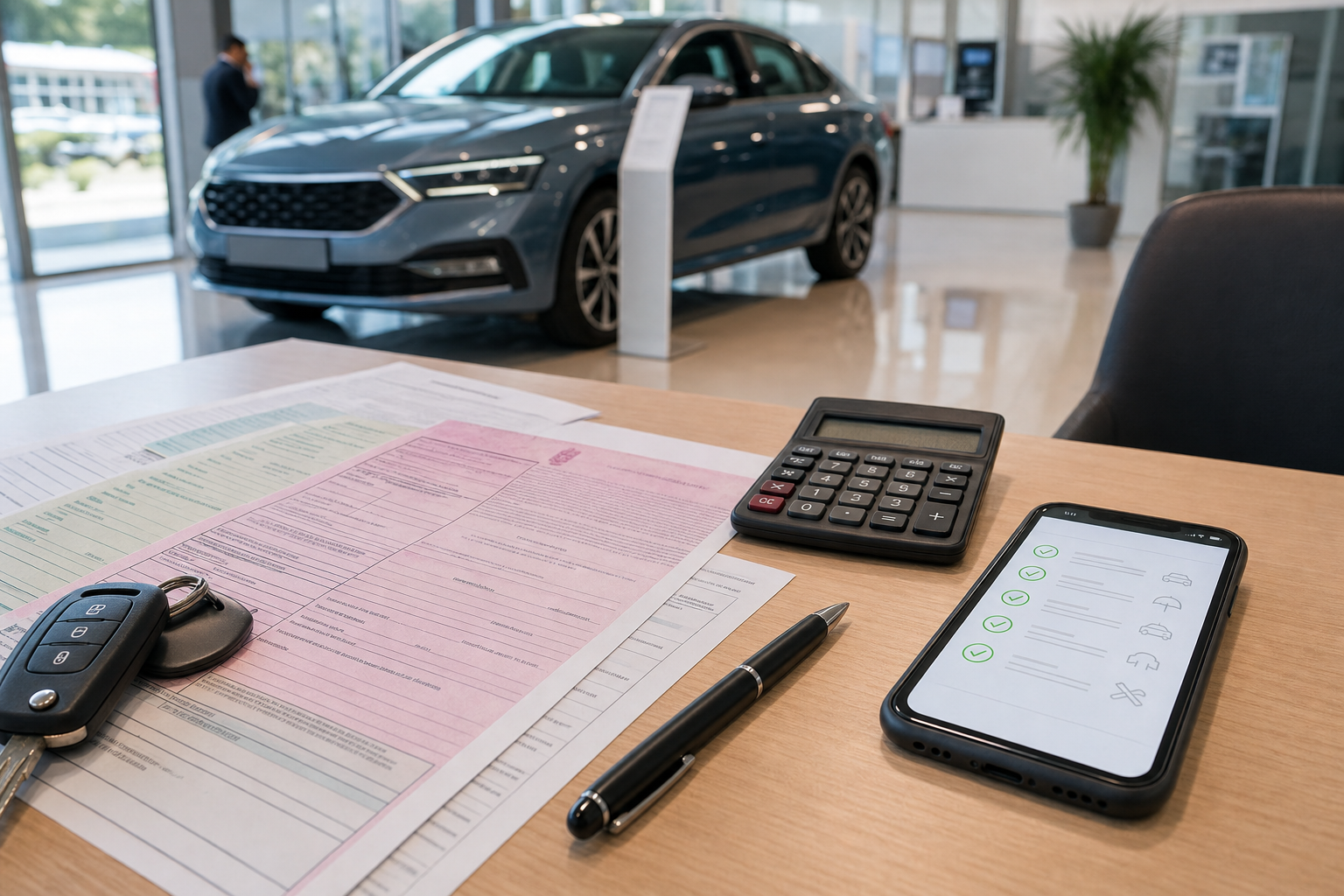 Mașină nouă și documente de cost pe un birou din showroom