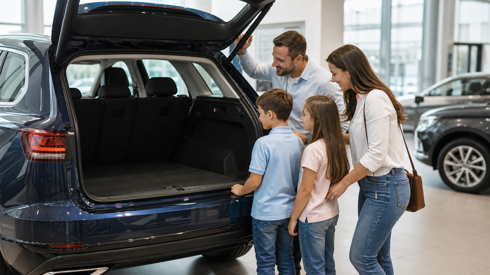 Familie examinând portbagajul unei mașini noi într-un showroom auto