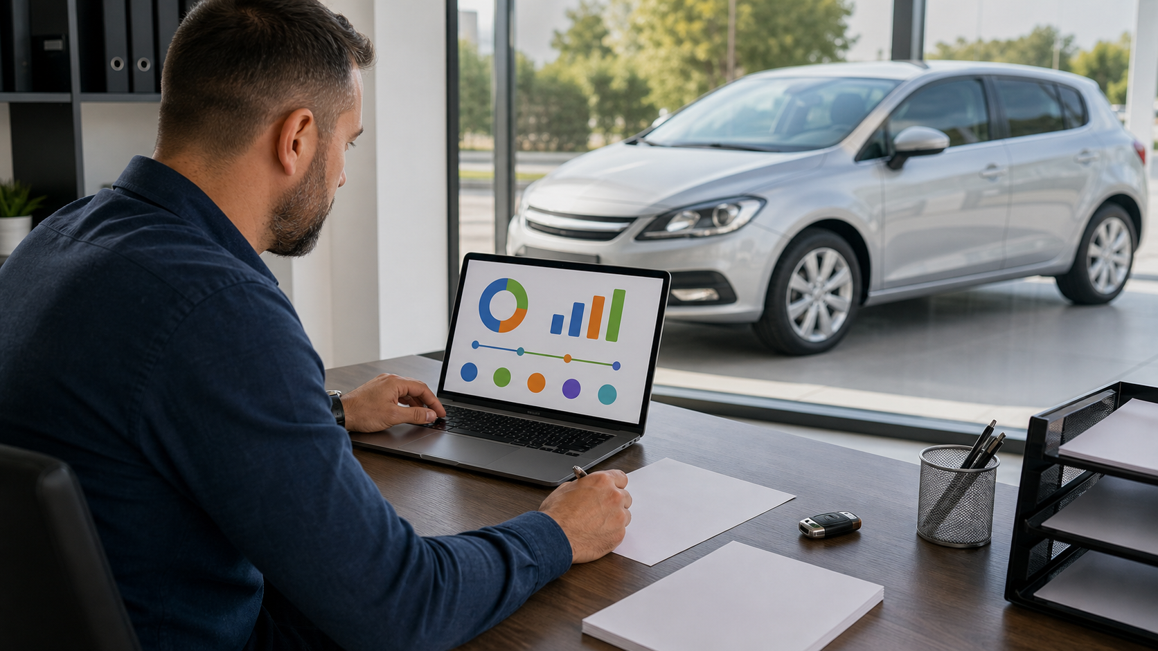Dealer auto care verifică istoricul unei mașini rulate pe un laptop înainte de vânzare
